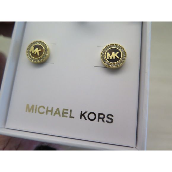 Michael Kors MKJX7854710 Gold Toned Pavè Crystals MK Logo Monogram Stud Earrings - Picture 7 of 9